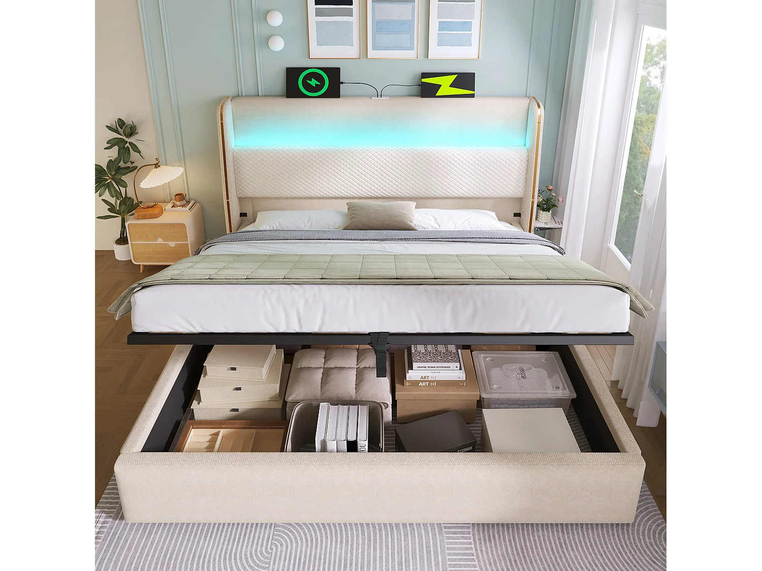 Hydraulisch gestoffeerd bed 160x200 cm van linnen, beige, met LED, opbergruimte en USB/Type-C (incl. matras)