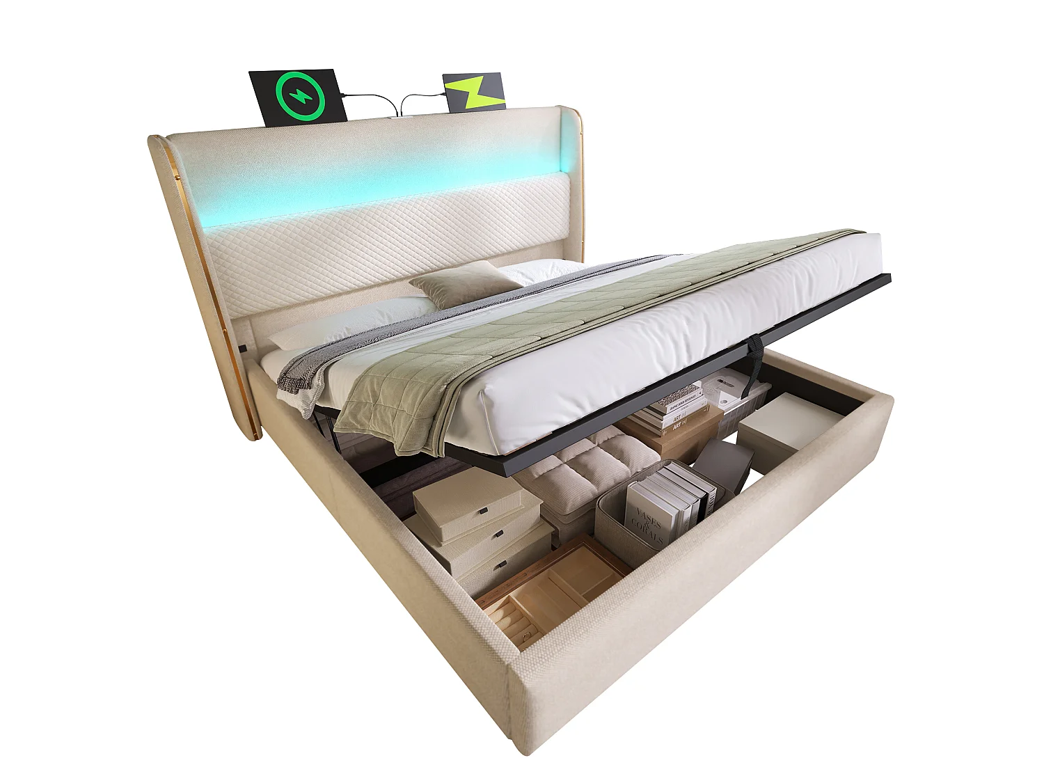 Hydraulisch gestoffeerd bed 160x200 cm van linnen, beige, met LED, opbergruimte en USB/Type-C (incl. matras)