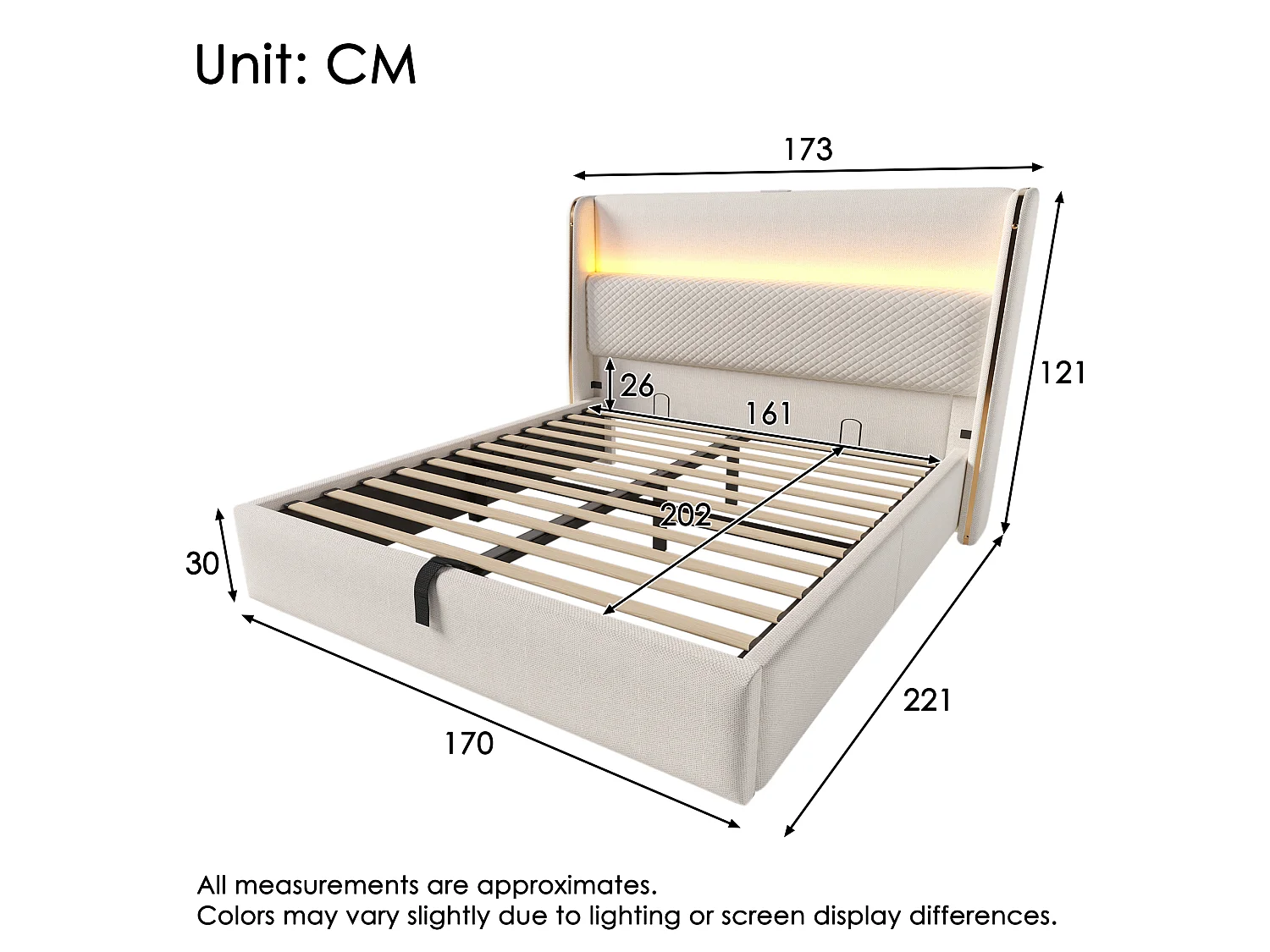 Hydraulisch gestoffeerd bed 160x200 cm van linnen, beige, met LED, opbergruimte en USB/Type-C (incl. matras)