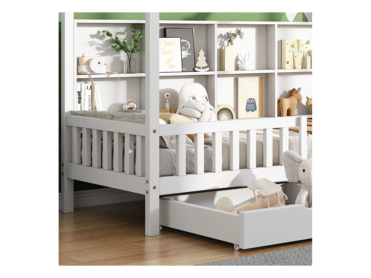 Lit cabane enfant 90×200 cm blanc avec bibliothèque, étagères et 2 tiroirs de rangement, structure bois