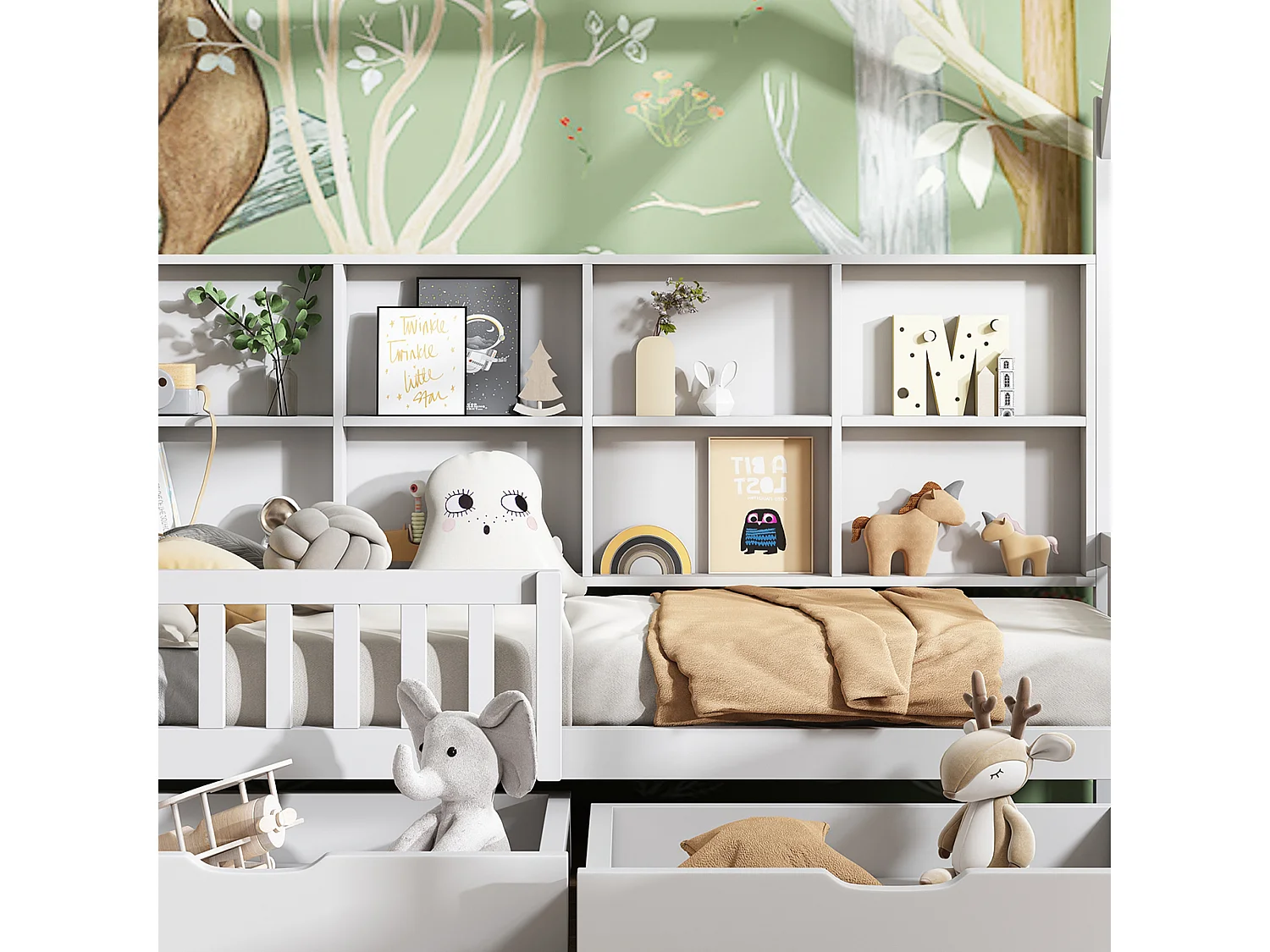 Lit cabane enfant 90×200 cm blanc avec bibliothèque, étagères et 2 tiroirs de rangement, structure bois