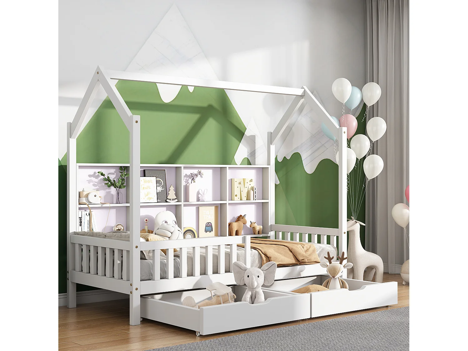 Lit cabane enfant 90×200 cm blanc avec bibliothèque, étagères et 2 tiroirs de rangement, structure bois