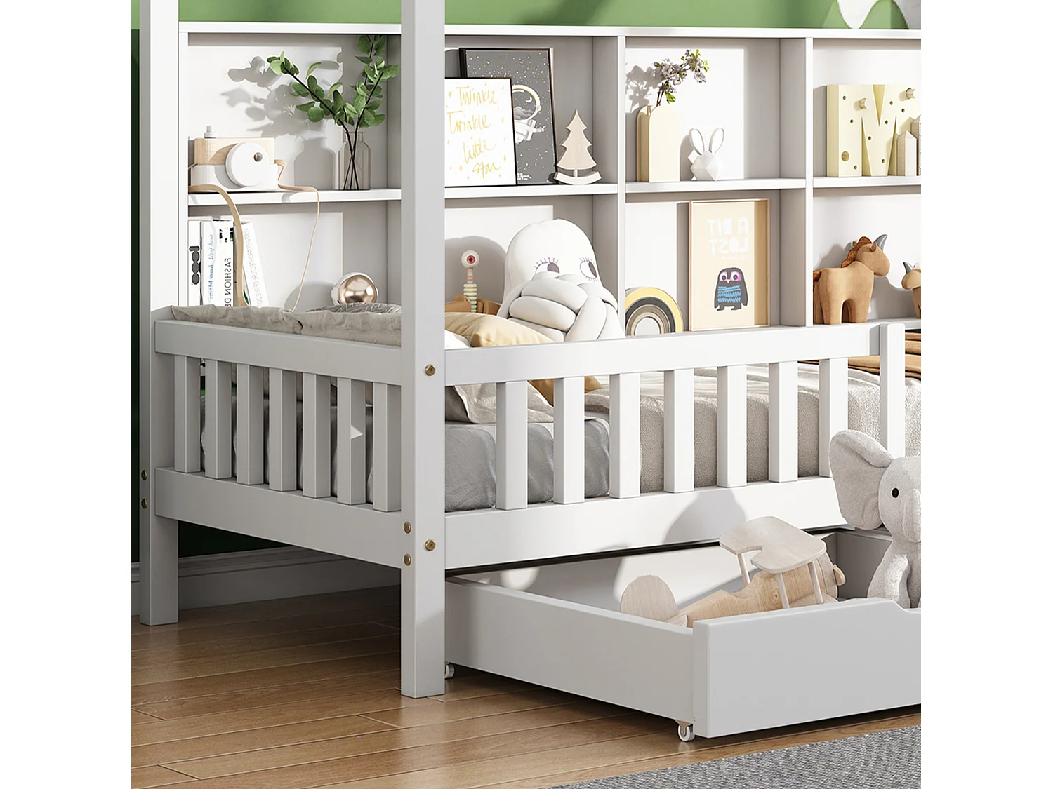 Lit cabane enfant 90×200 cm blanc avec bibliothèque, étagères et 2 tiroirs de rangement, structure bois