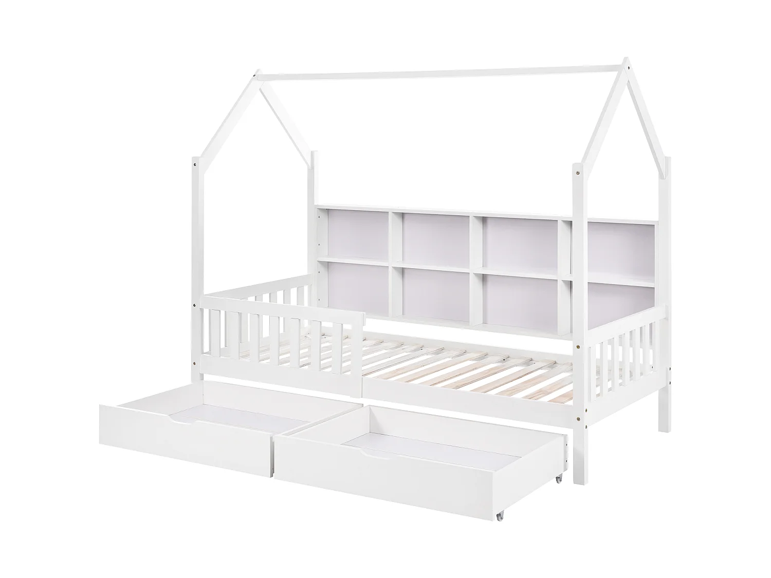Lit cabane enfant 90×200 cm blanc avec bibliothèque, étagères et 2 tiroirs de rangement, structure bois