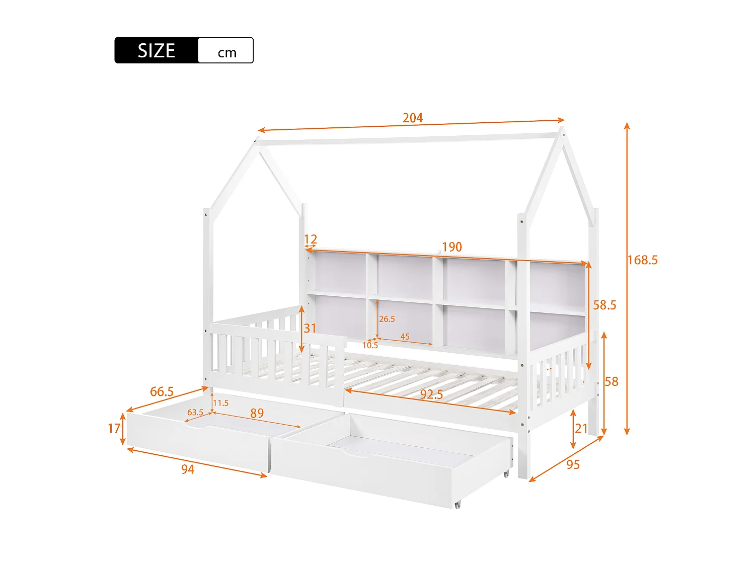 Lit cabane enfant 90×200 cm blanc avec bibliothèque, étagères et 2 tiroirs de rangement, structure bois