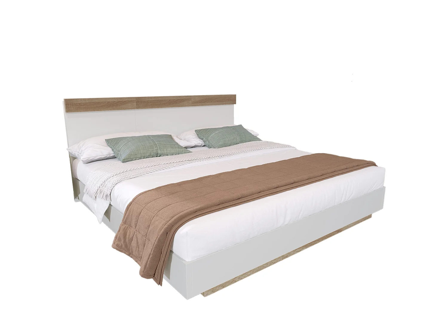 Lit flottant double en bois avec tête de lit, sommier inclus, 205×164×90,5 cm, chêne sonoma/blanc