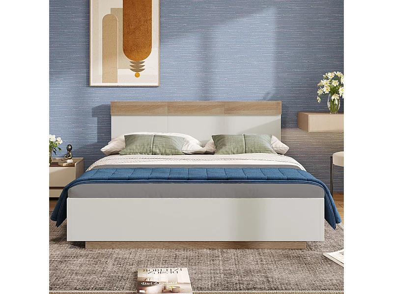 Lit flottant double en bois avec tête de lit, sommier inclus, 205×164×90,5 cm, chêne sonoma/blanc