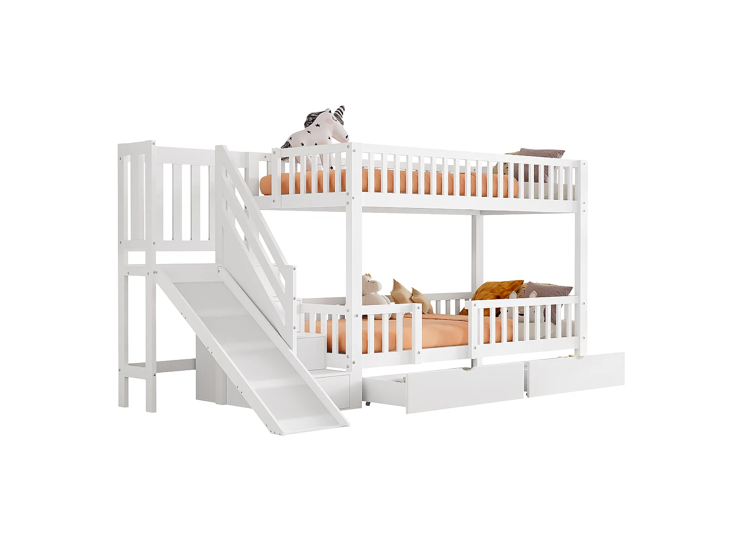 Kinder stapelbed 90x200 cm van massief hout/MDF, wit, met glijbaan, trap en 2 lades