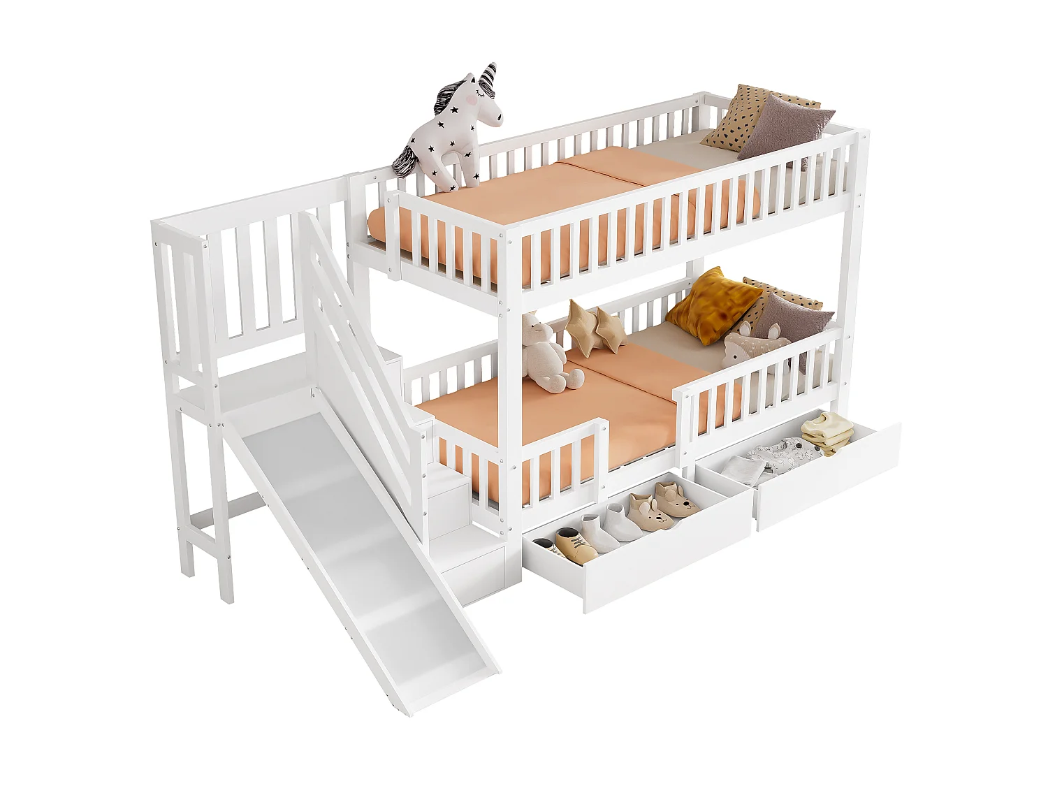 Kinder stapelbed 90x200 cm van massief hout/MDF, wit, met glijbaan, trap en 2 lades