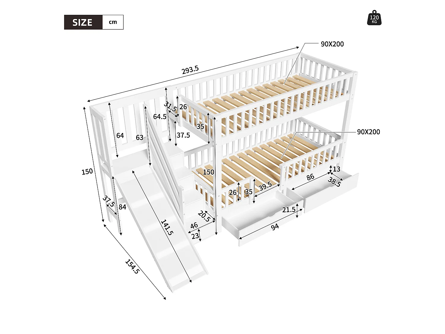 Kinder stapelbed 90x200 cm van massief hout/MDF, wit, met glijbaan, trap en 2 lades