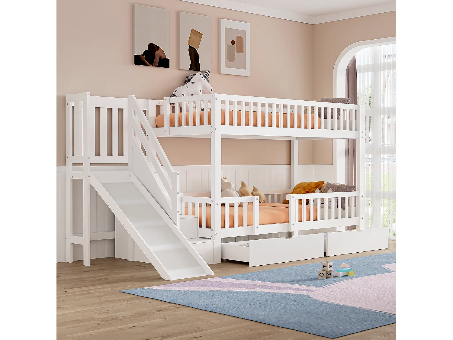 Kinder stapelbed 90x200 cm van massief hout/MDF, wit, met glijbaan, trap en 2 lades