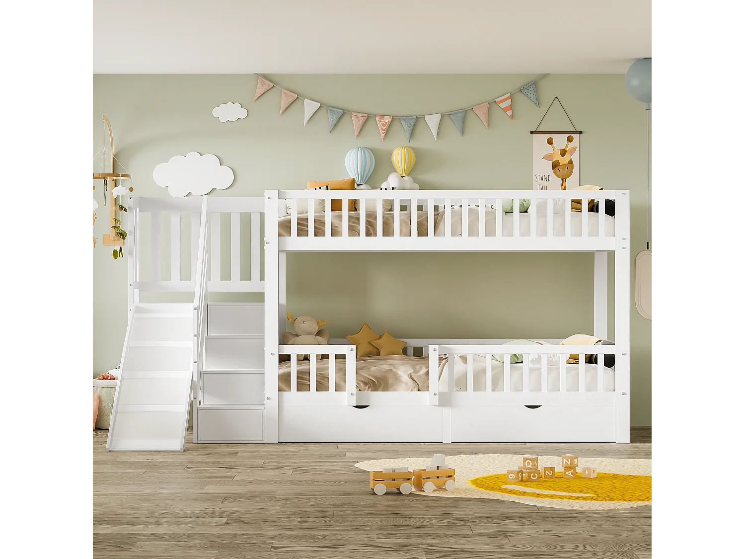 Kinder stapelbed 90x200 cm van massief hout/MDF, wit, met glijbaan, trap en 2 lades