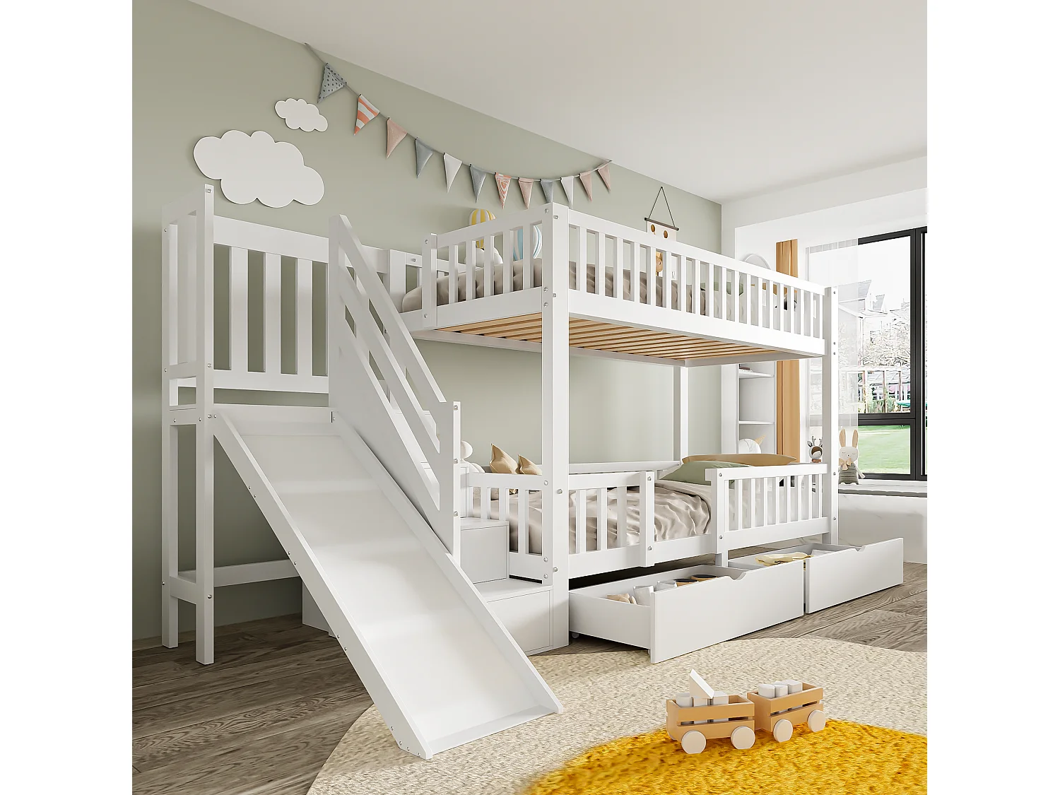 Kinder stapelbed 90x200 cm van massief hout/MDF, wit, met glijbaan, trap en 2 lades