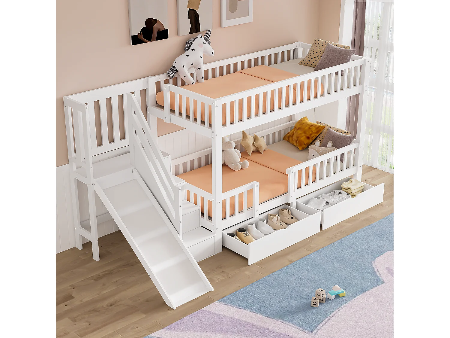 Kinder stapelbed 90x200 cm van massief hout/MDF, wit, met glijbaan, trap en 2 lades