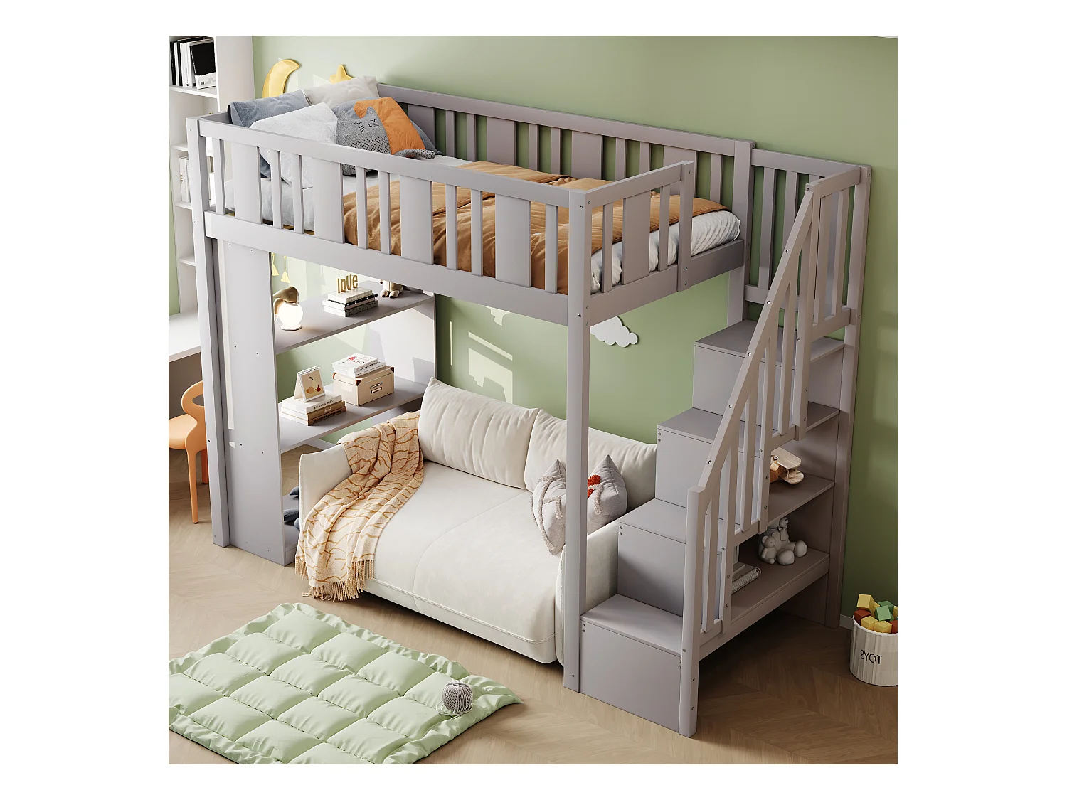 Lit mezzanine 90x200 cm, bois massif, échelle avec rangement, plusieurs tiroirs, lit enfant fonctionnel, lit junior, gris, sans matelas