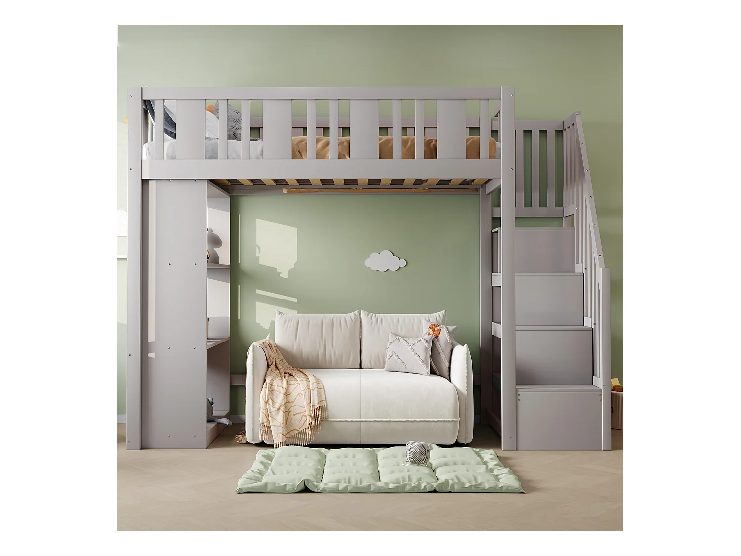 Lit mezzanine 90x200 cm, bois massif, échelle avec rangement, plusieurs tiroirs, lit enfant fonctionnel, lit junior, gris, sans matelas