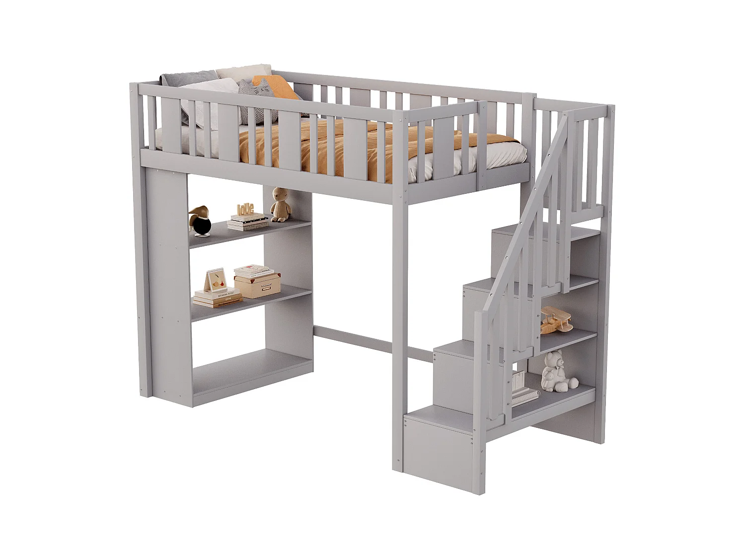 Lit mezzanine 90x200 cm, bois massif, échelle avec rangement, plusieurs tiroirs, lit enfant fonctionnel, lit junior, gris, sans matelas