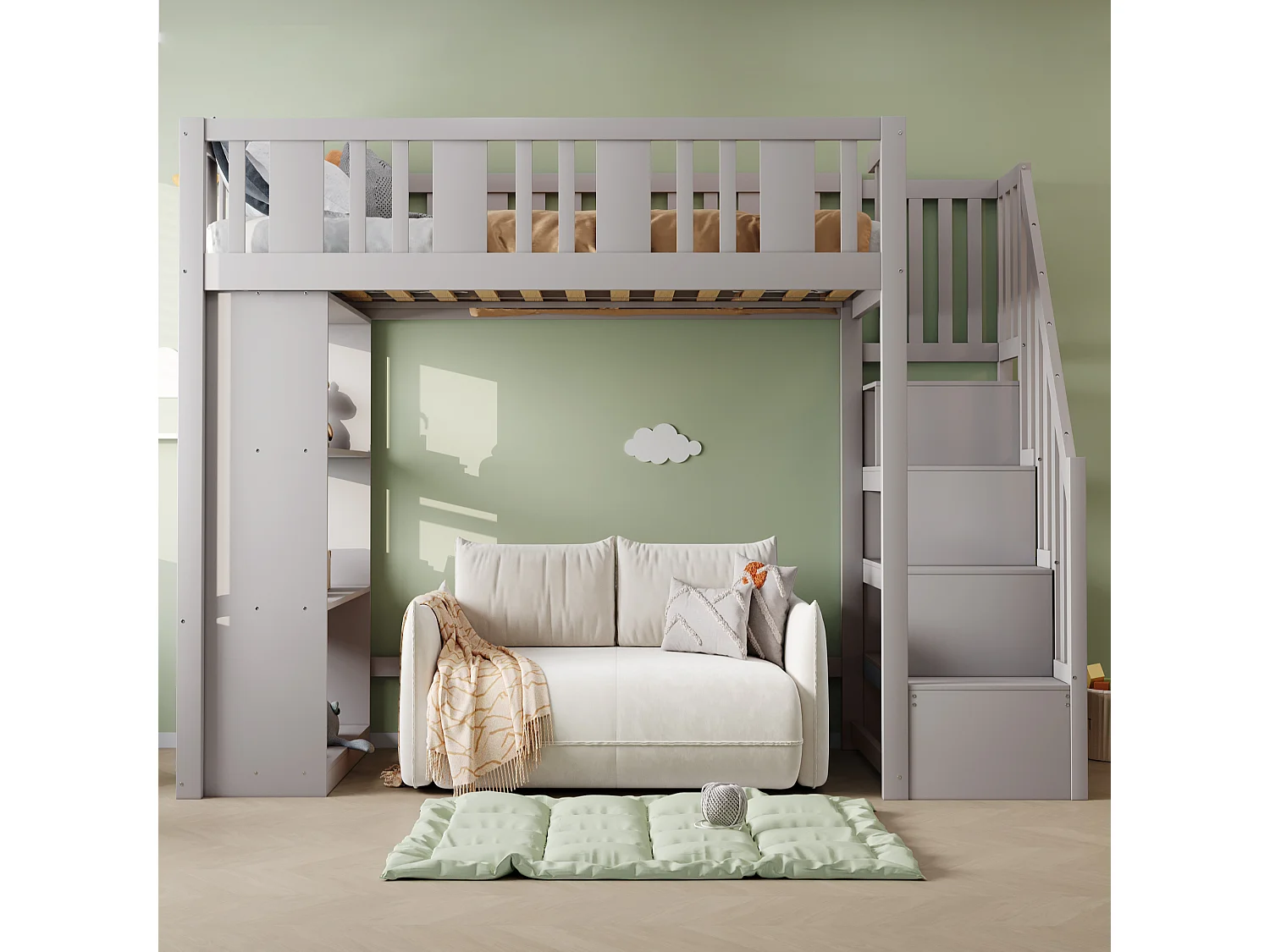 Lit mezzanine 90x200 cm, bois massif, échelle avec rangement, plusieurs tiroirs, lit enfant fonctionnel, lit junior, gris, sans matelas