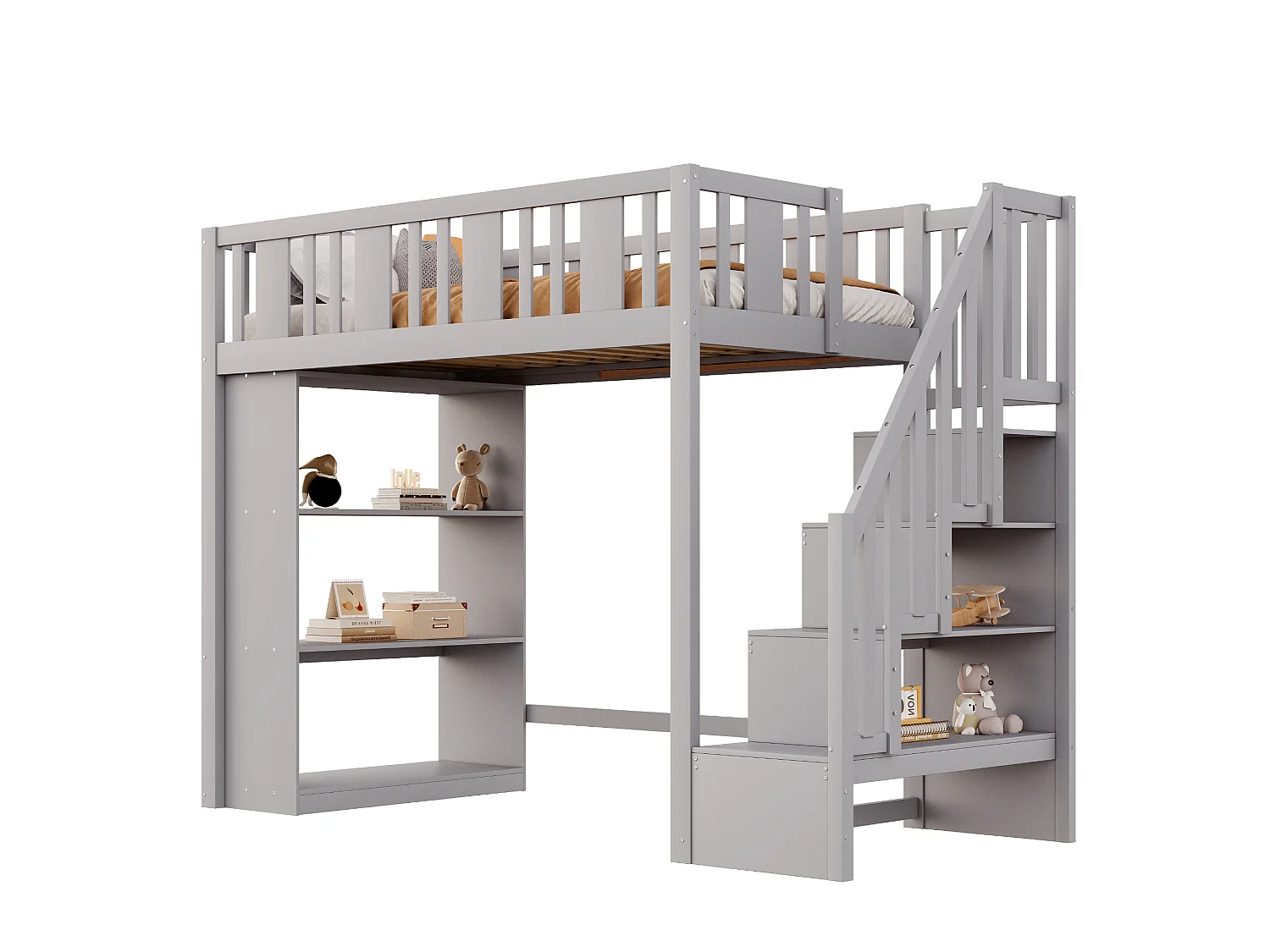 Lit mezzanine 90x200 cm, bois massif, échelle avec rangement, plusieurs tiroirs, lit enfant fonctionnel, lit junior, gris, sans matelas
