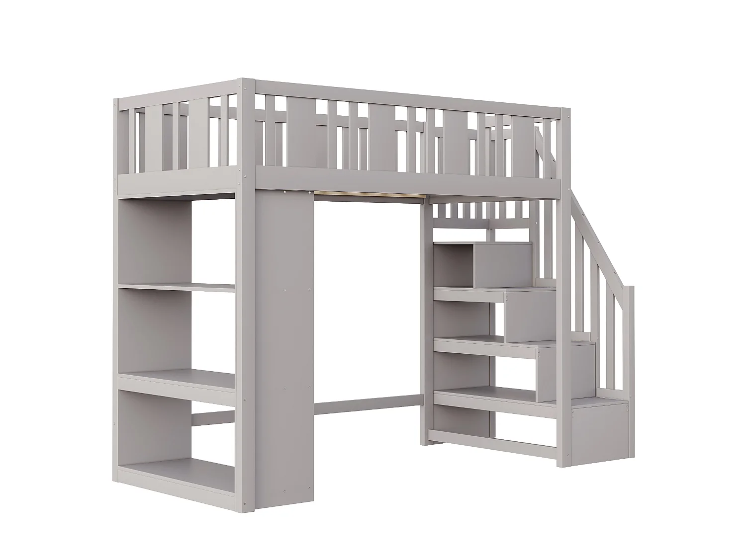 Lit mezzanine 90x200 cm, bois massif, échelle avec rangement, plusieurs tiroirs, lit enfant fonctionnel, lit junior, gris, sans matelas