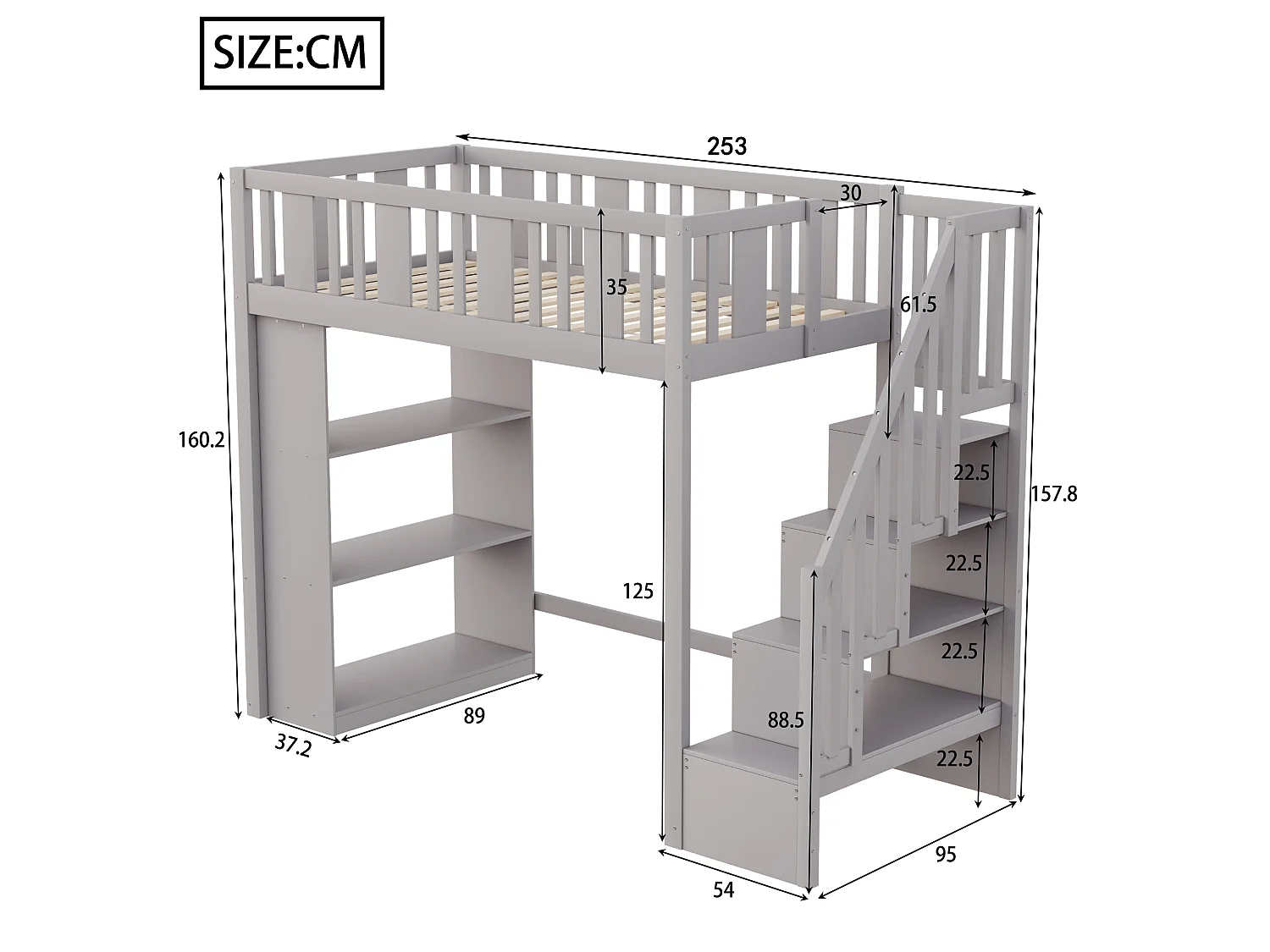 Lit mezzanine 90x200 cm, bois massif, échelle avec rangement, plusieurs tiroirs, lit enfant fonctionnel, lit junior, gris, sans matelas