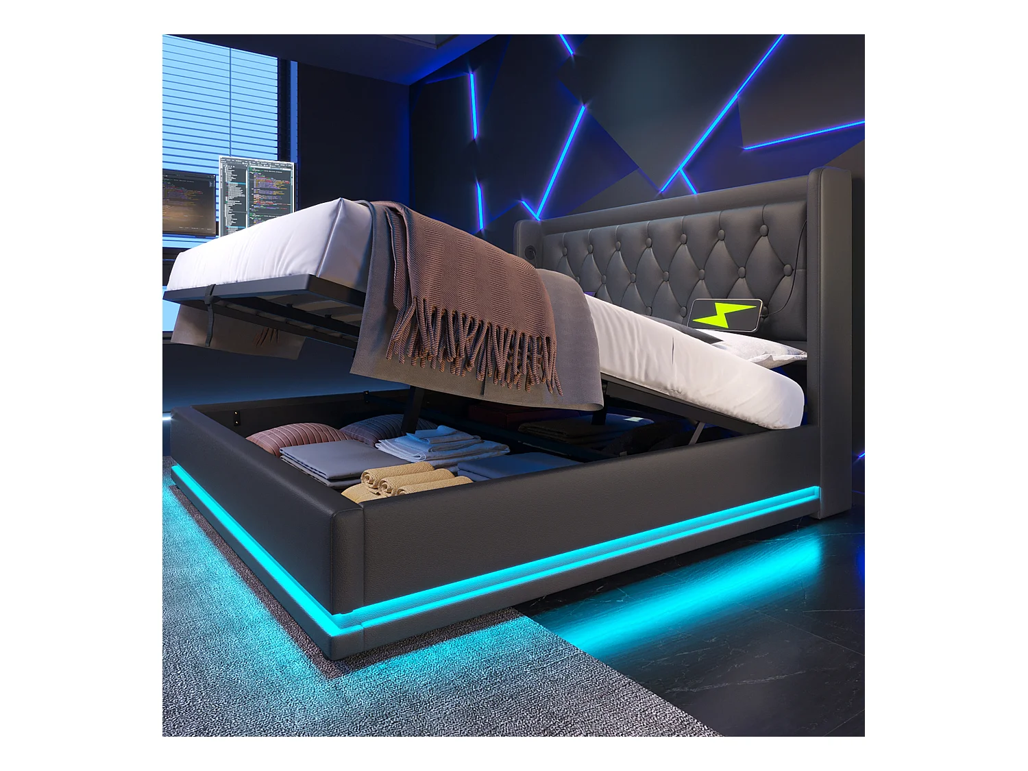 Lit tapissé 160x200 cm double, LED 3 côtés, USB-C, hydraulique, tête rembourrée, PU noir (Avec matelas)