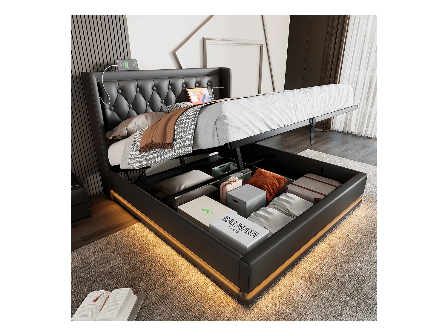 Lit tapissé 160x200 cm double, LED 3 côtés, USB-C, hydraulique, tête rembourrée, PU noir (Avec matelas)