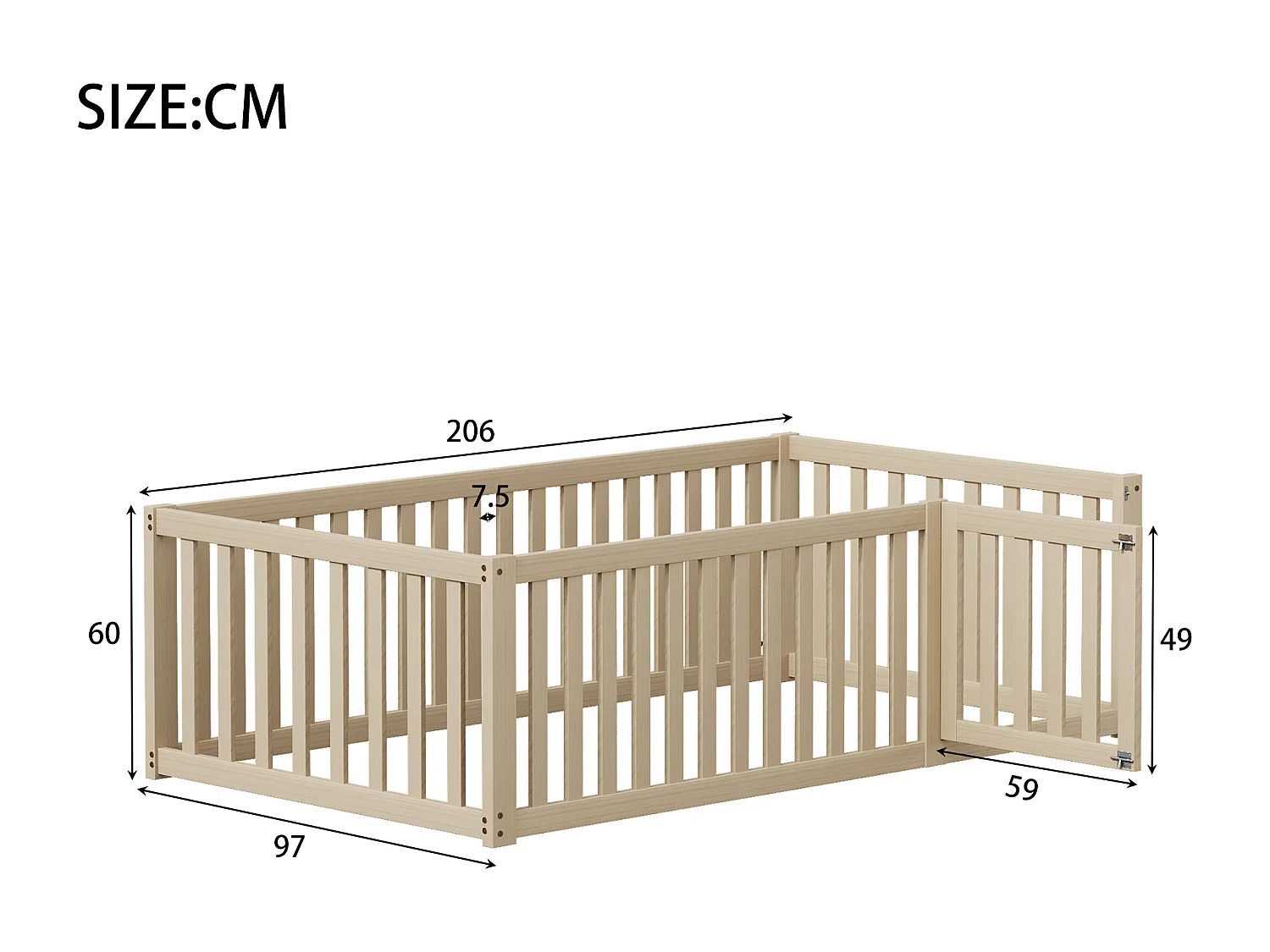 Lit enfant 90x200 cm en bois naturel, avec cadre à barrière et porte intégrée, design ouvert et sûr