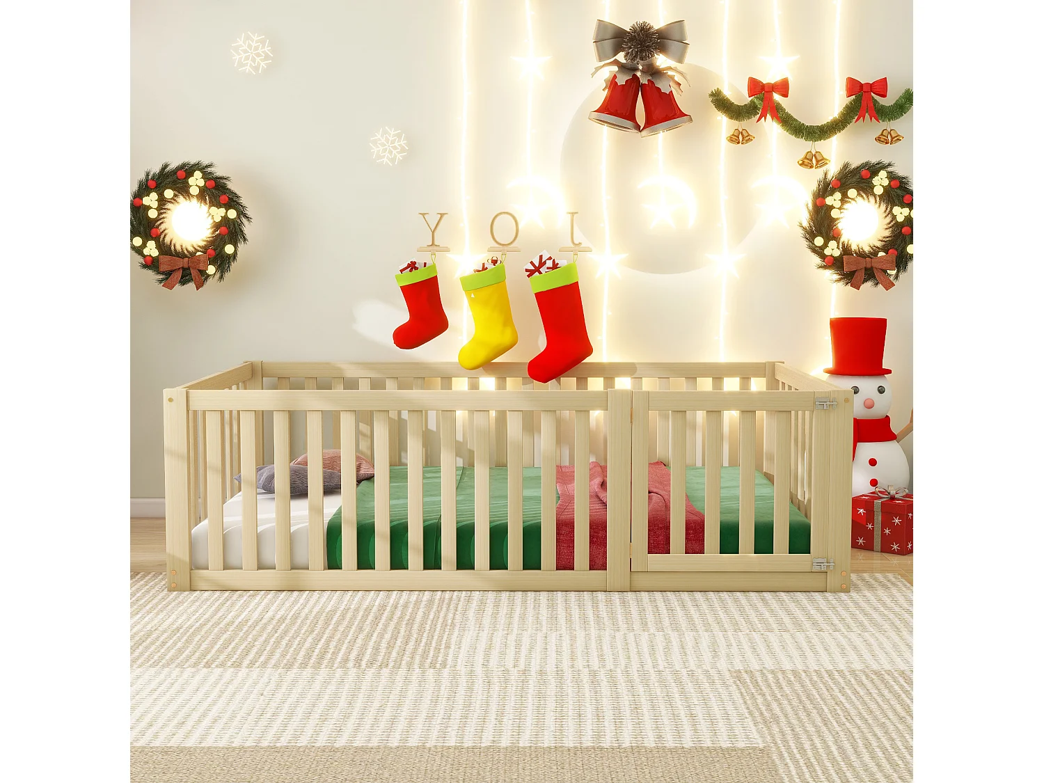 Lit enfant 90x200 cm en bois naturel, avec cadre à barrière et porte intégrée, design ouvert et sûr