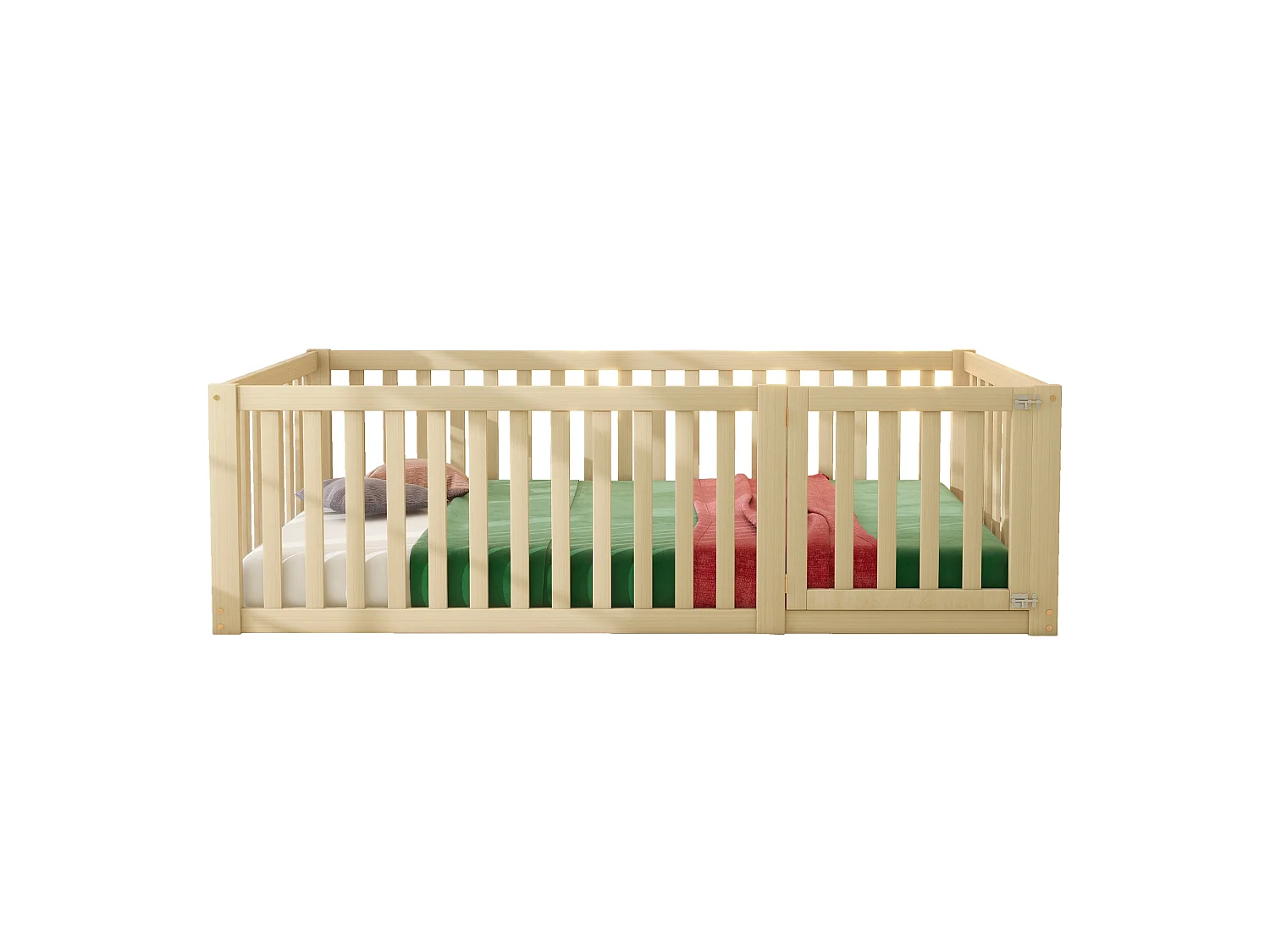 Lit enfant 90x200 cm en bois naturel, avec cadre à barrière et porte intégrée, design ouvert et sûr