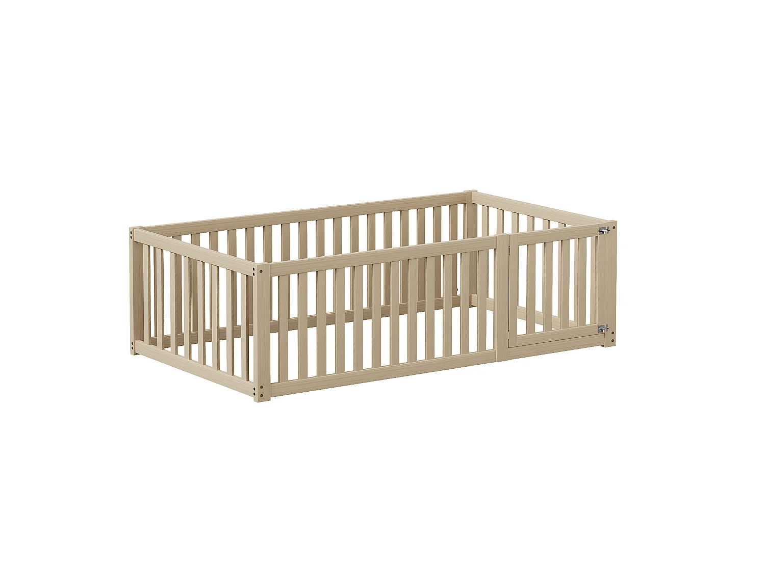 Lit enfant 90x200 cm en bois naturel, avec cadre à barrière et porte intégrée, design ouvert et sûr