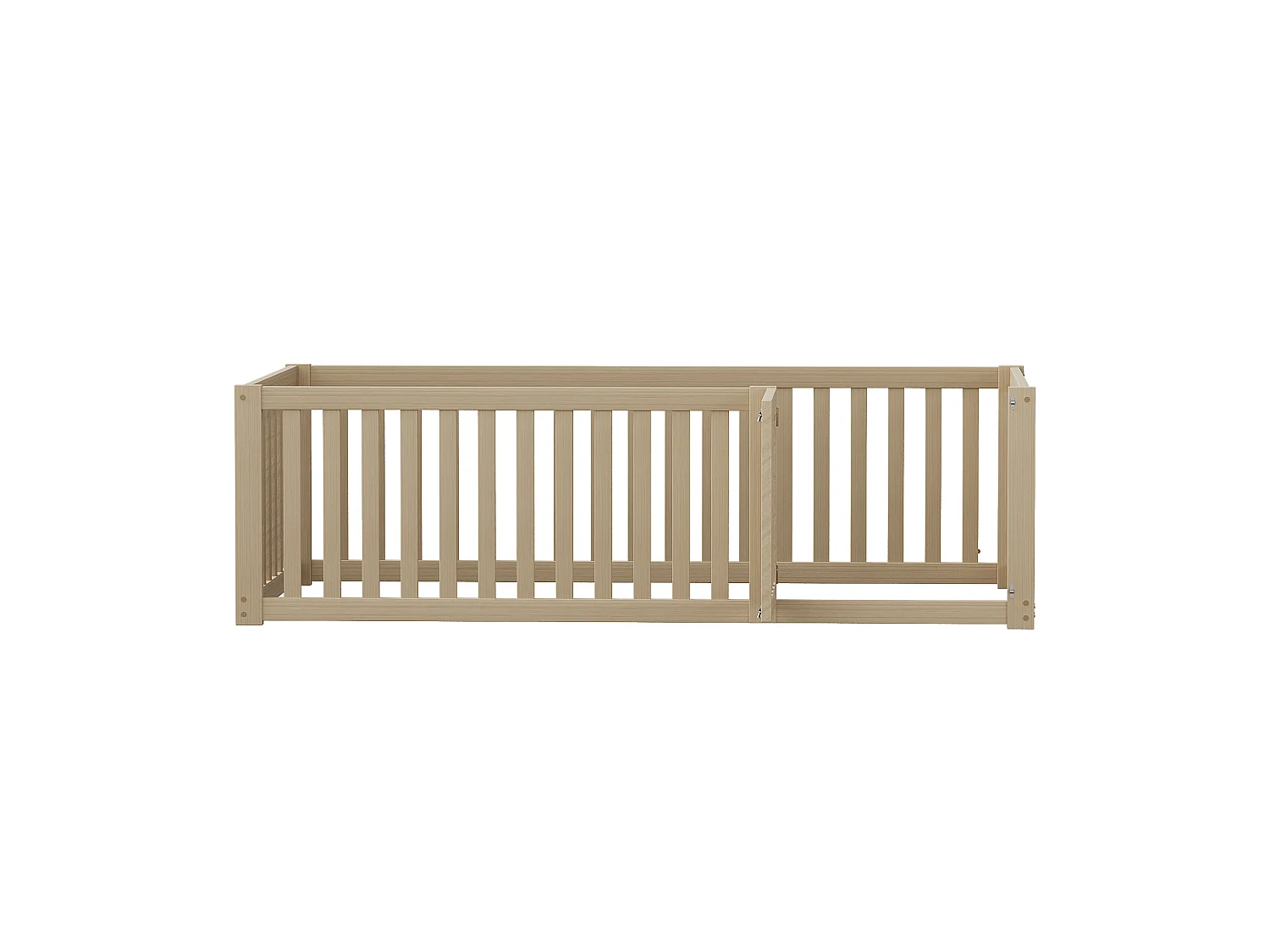Lit enfant 90x200 cm en bois naturel, avec cadre à barrière et porte intégrée, design ouvert et sûr