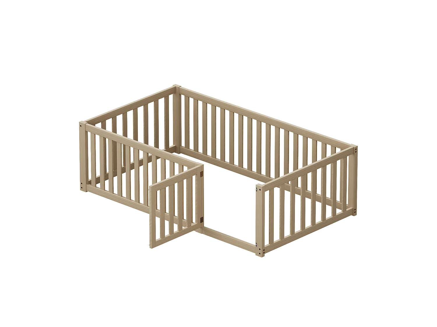 Lit enfant 90x200 cm en bois naturel, avec cadre à barrière et porte intégrée, design ouvert et sûr