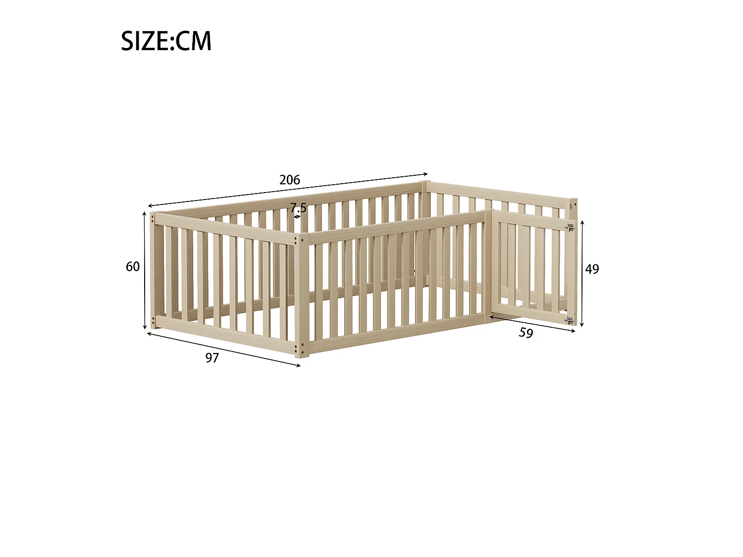 Lit enfant 90x200 cm en bois naturel, avec cadre à barrière et porte intégrée, design ouvert et sûr