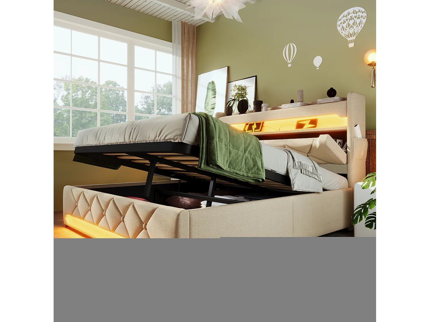 Lit tapissé 140x200 cm double, tête avec rangement, LED 360° autour, USB/Type-C, hydraulique, tissu lin beige (Avec matelas)