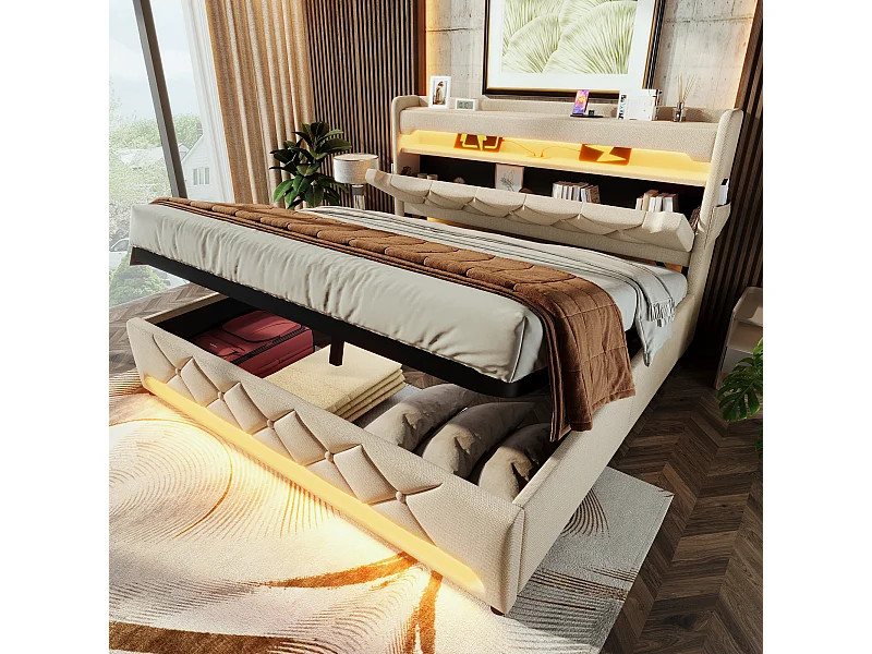 Lit tapissé 140x200 cm double, tête avec rangement, LED 360° autour, USB/Type-C, hydraulique, tissu lin beige (Avec matelas)