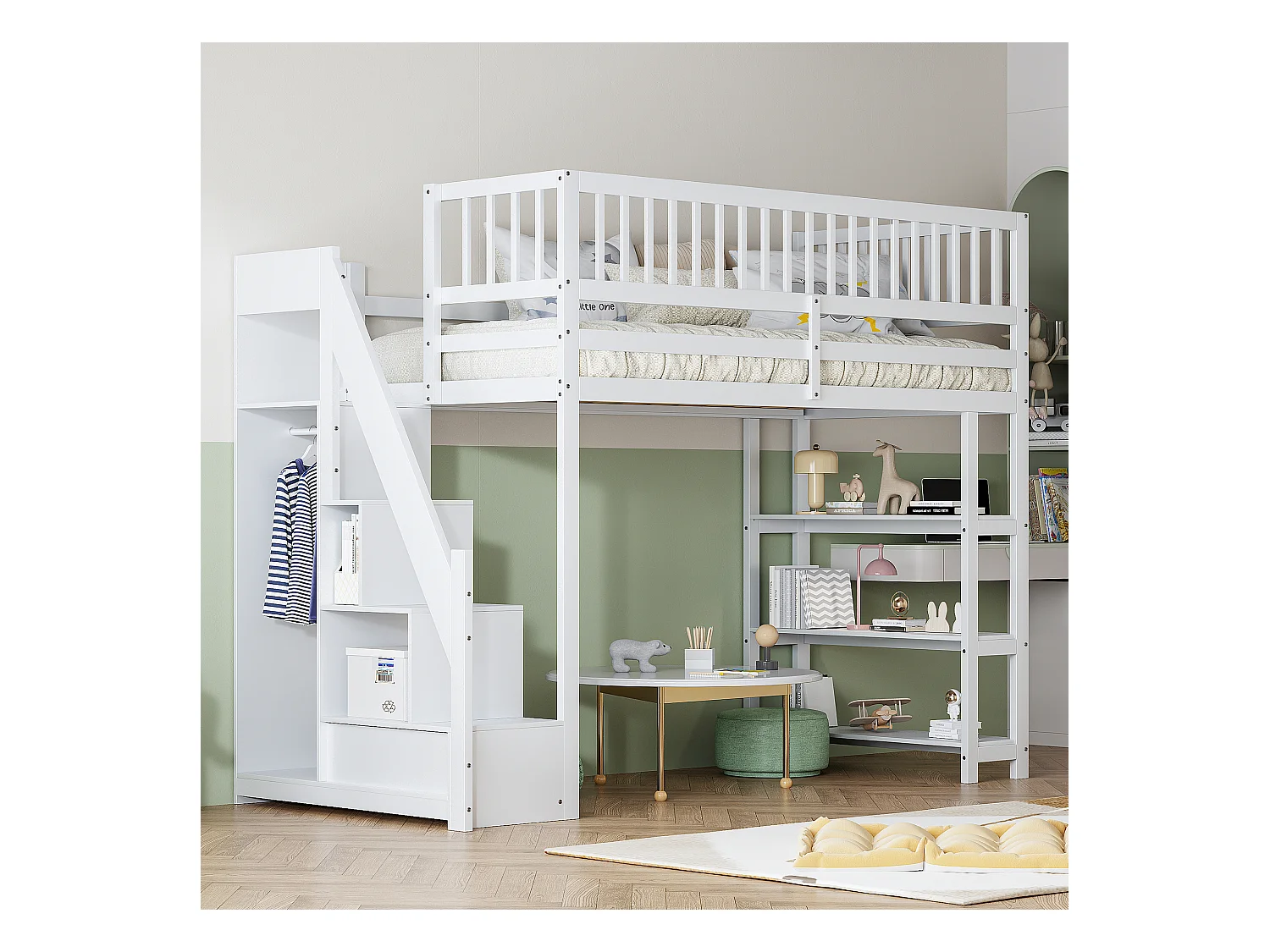 Lit mezzanine 90x200 cm, design sécurisé avec armoire, étagères et échelle, lit enfant en bois, blanc