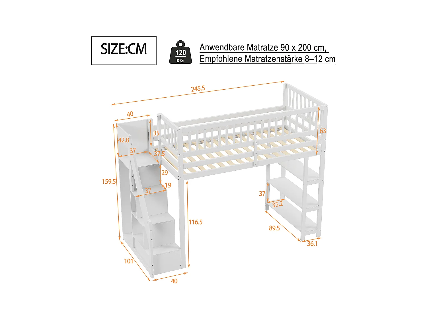 Lit mezzanine 90x200 cm, design sécurisé avec armoire, étagères et échelle, lit enfant en bois, blanc