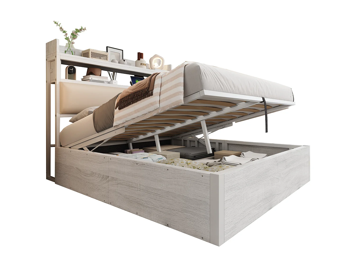 Lit 140x200 cm, cadre avec levage hydraulique, USB, tête rembourrée, design bois et métal, rangement caché, lit double, blanc