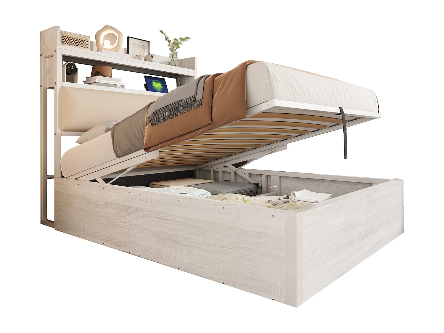 Lit 90x200 cm, mécanisme hydraulique, USB, tête rembourrée, design bois et métal, rangement caché, lit simple, blanc