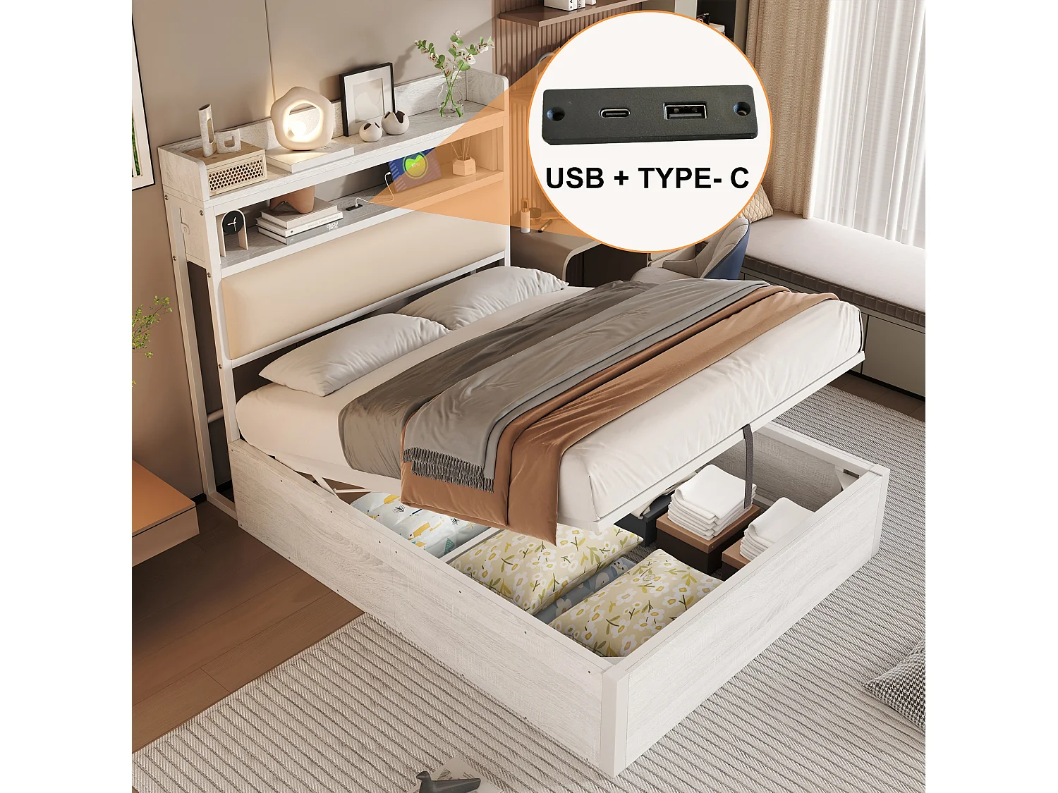 Lit 90x200 cm, mécanisme hydraulique, USB, tête rembourrée, design bois et métal, rangement caché, lit simple, blanc