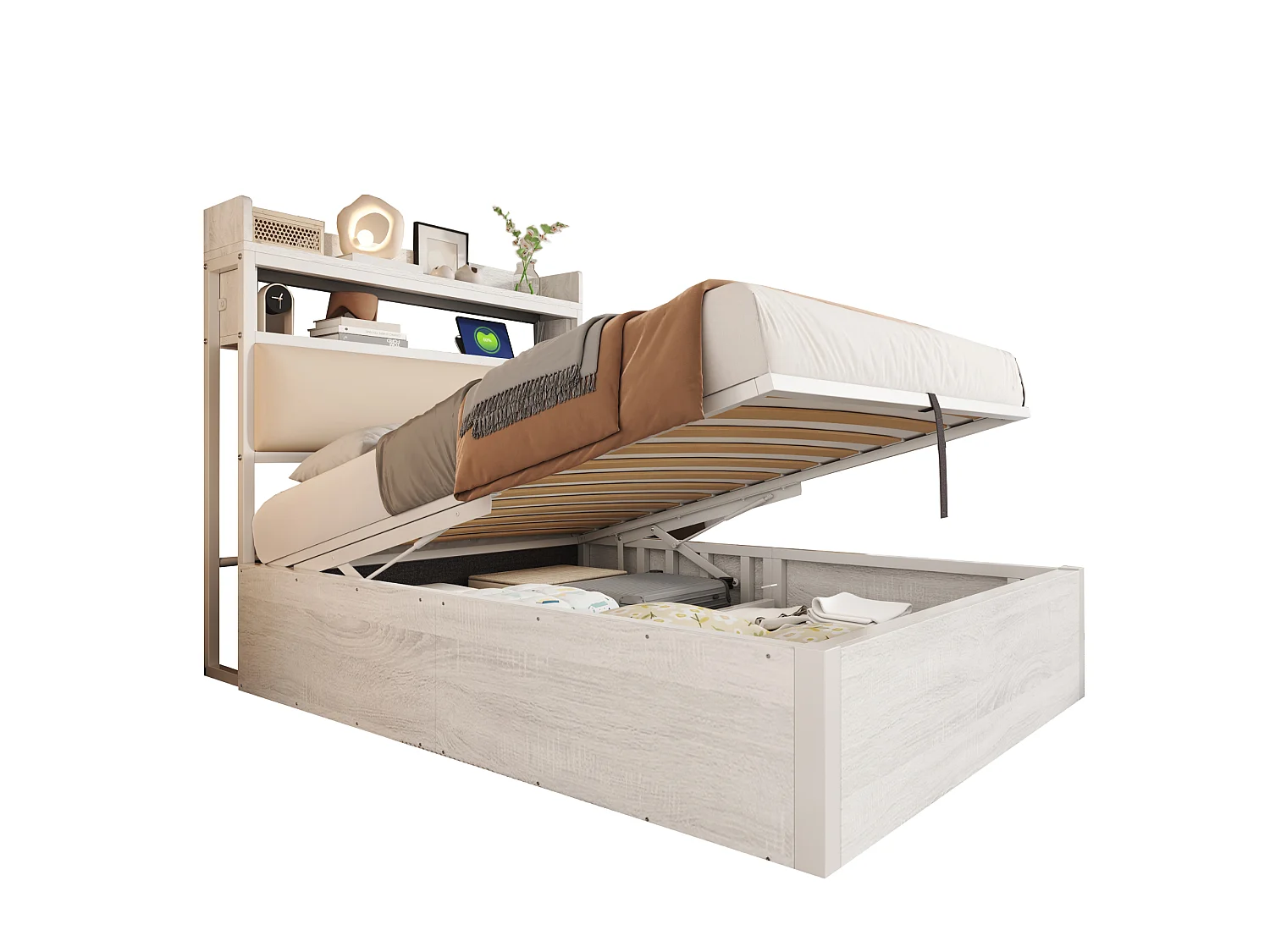 Lit 90x200 cm, mécanisme hydraulique, USB, tête rembourrée, design bois et métal, rangement caché, lit simple, blanc