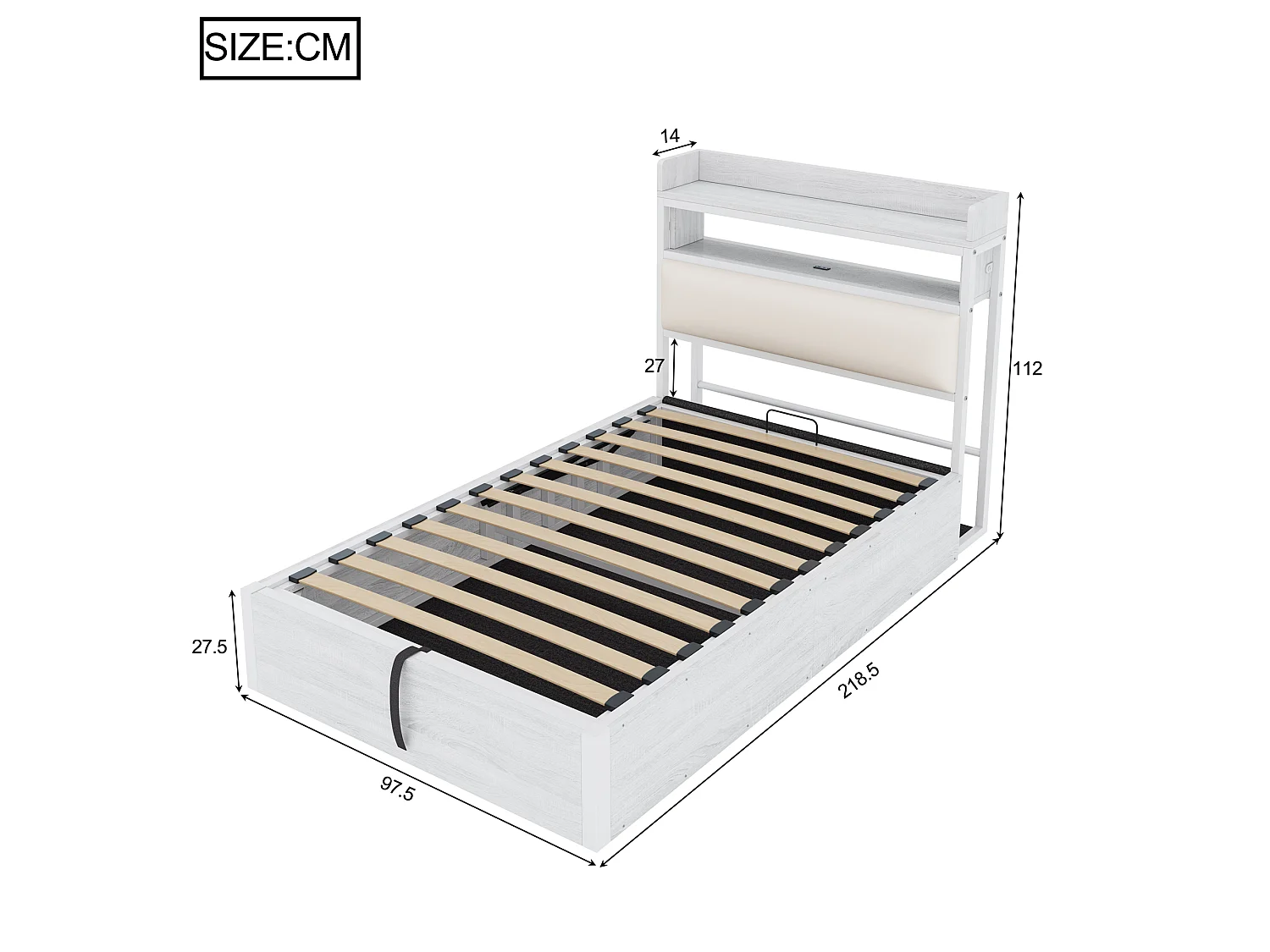 Lit 90x200 cm, mécanisme hydraulique, USB, tête rembourrée, design bois et métal, rangement caché, lit simple, blanc