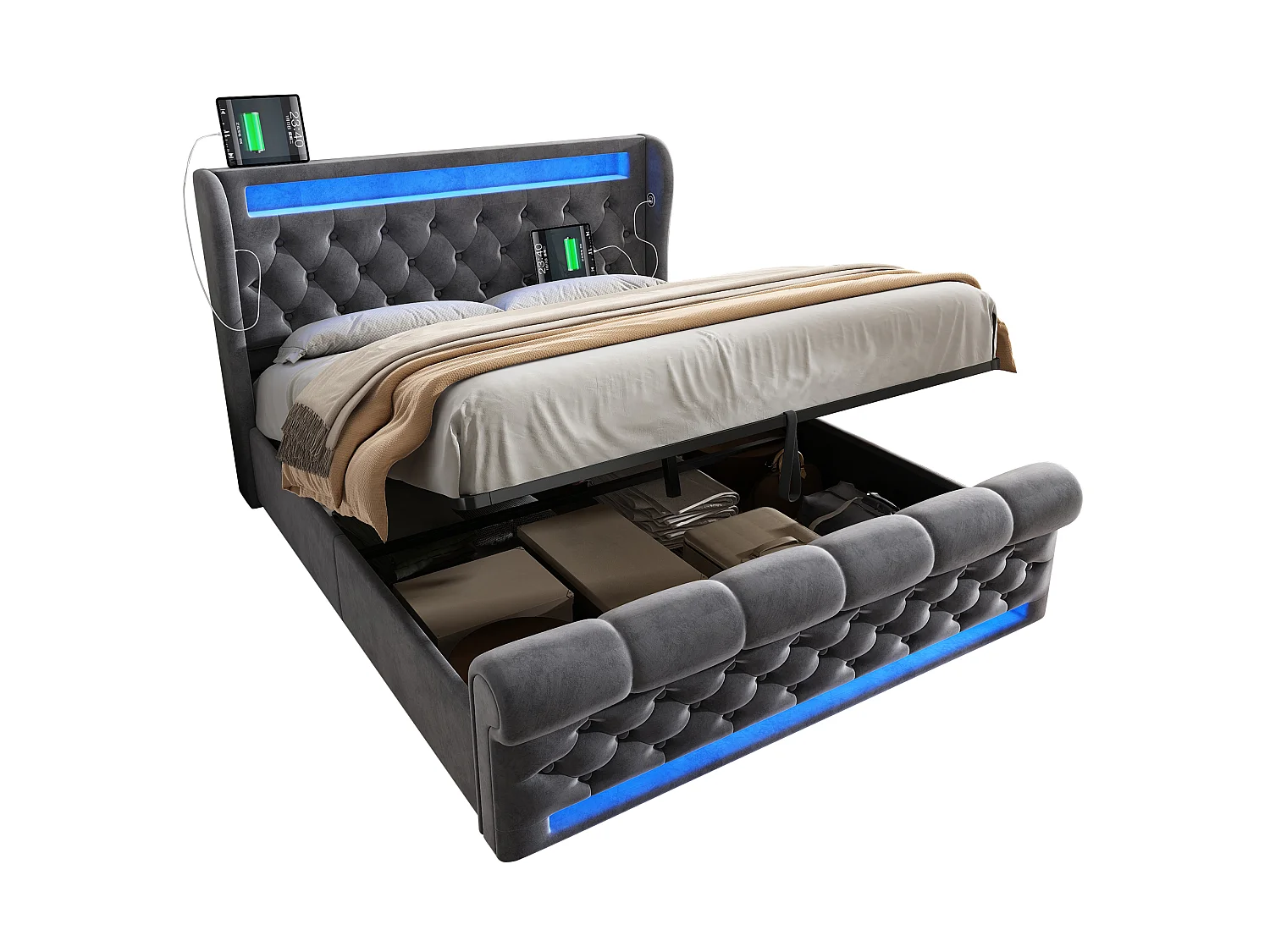 Lit tapissé 160x200 cm double avec tête LED, rangement hydraulique, USB/Type-C, tissu velours gris (Avec matelas)