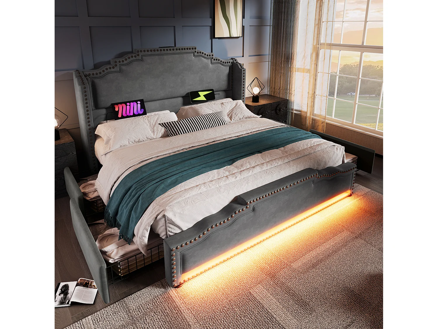 Lit tapissé 160x200 cm double, 4 tiroirs, LED, USB-C, rangement, tissu velours gris, lit jeune (Avec matelas)