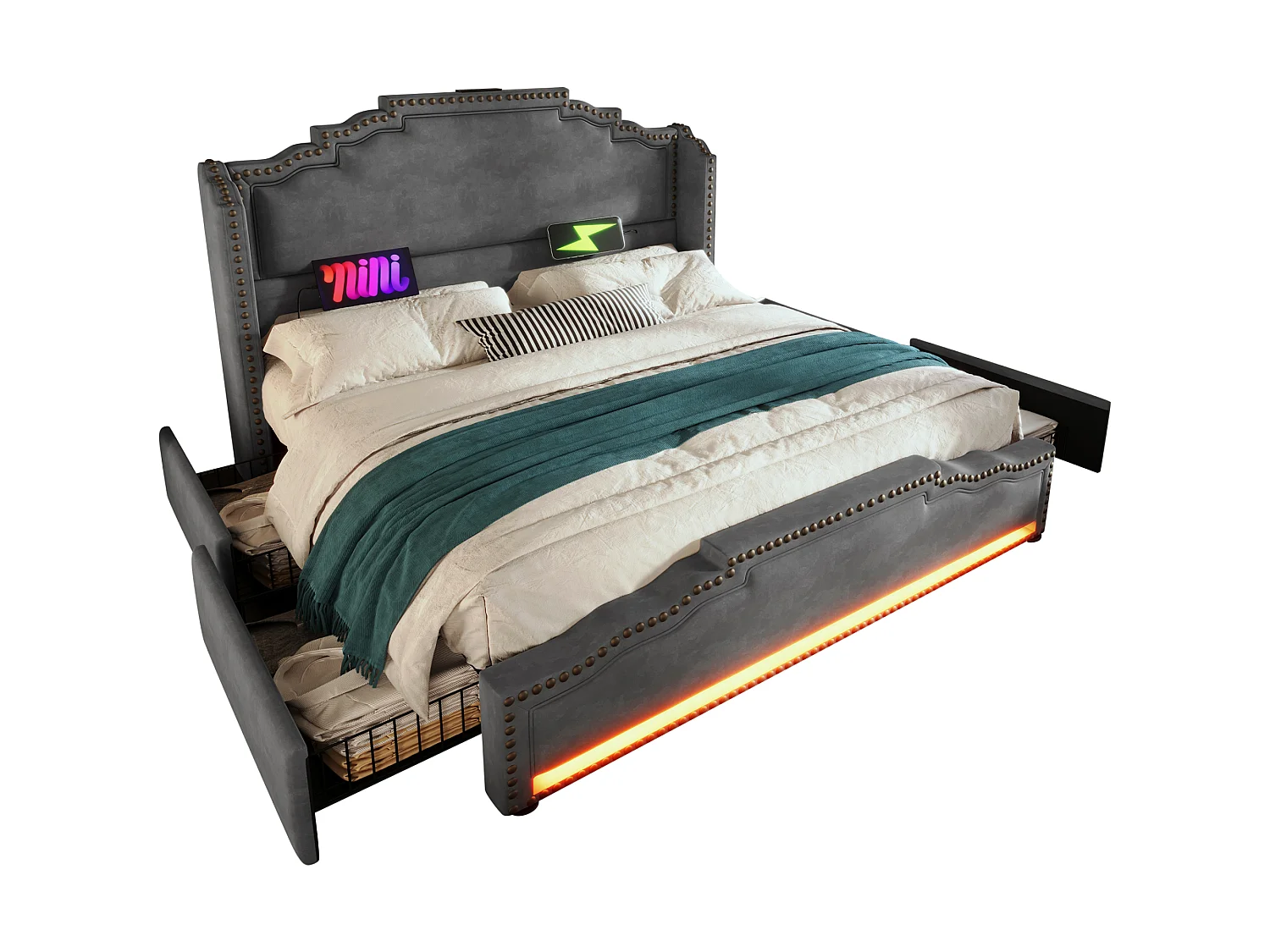 Lit tapissé 160x200 cm double, 4 tiroirs, LED, USB-C, rangement, tissu velours gris, lit jeune (Avec matelas)
