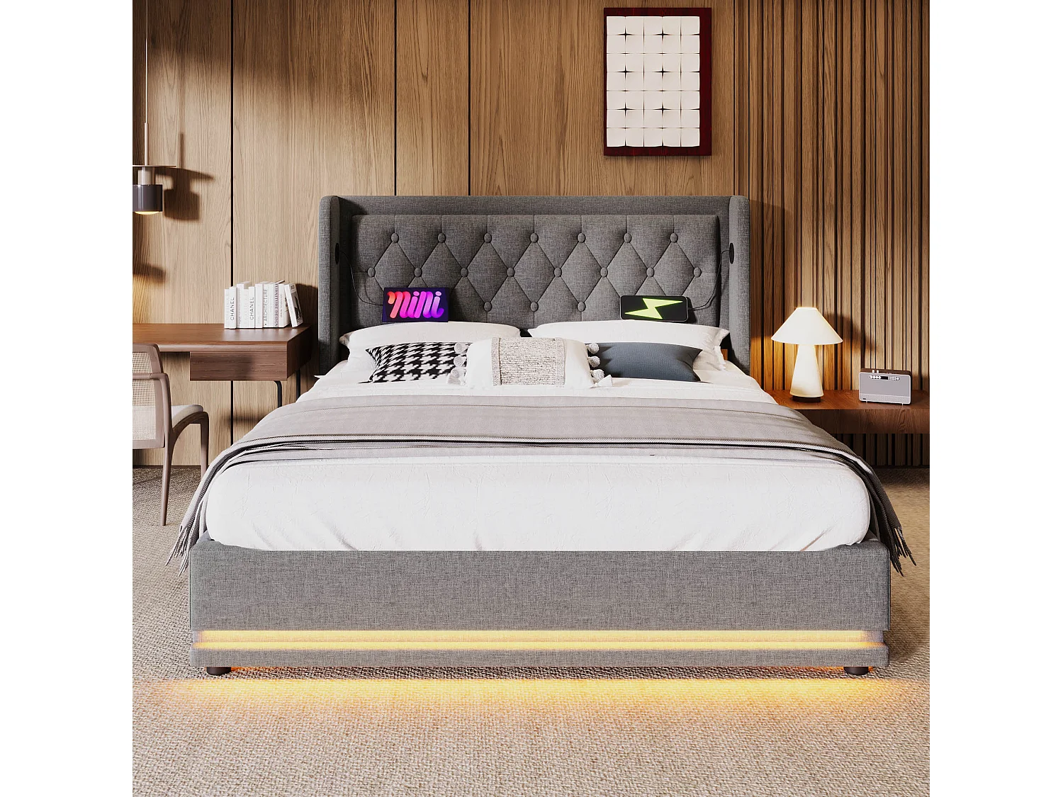 Lit tapissé 160x200 cm double, LED 3 côtés, USB-C, hydraulique, tête rembourrée, coton gris (Avec matelas)