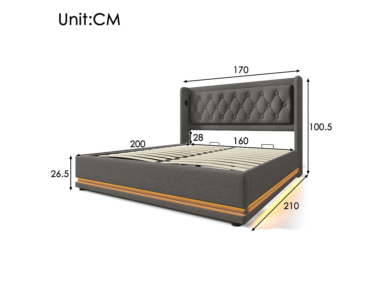 Lit tapissé 160x200 cm double, LED 3 côtés, USB-C, hydraulique, tête rembourrée, coton gris (Avec matelas)