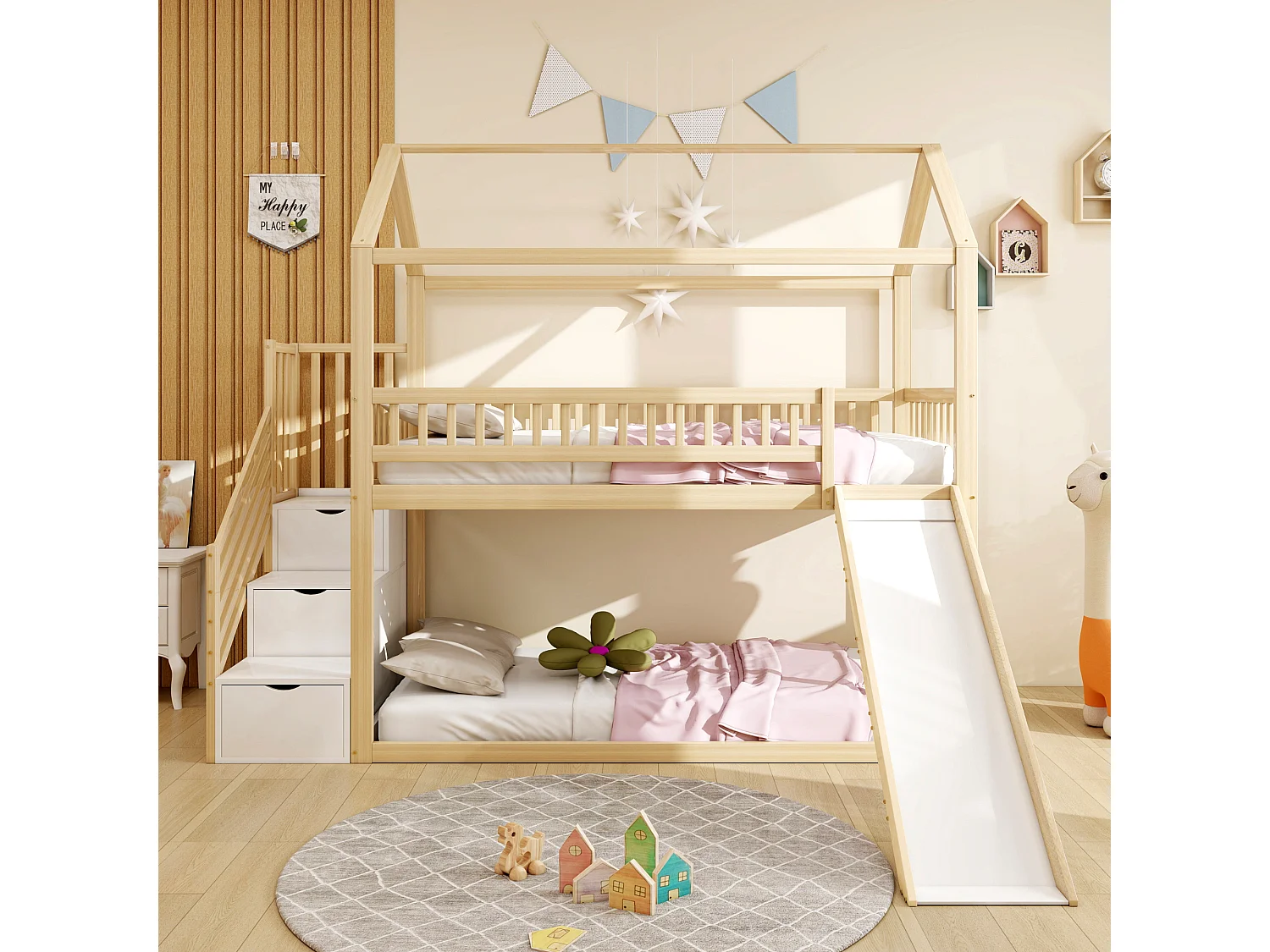 Lit superposé enfant 90x200 cm couleur bois, avec toboggan, échelle de rangement et sommier inclus