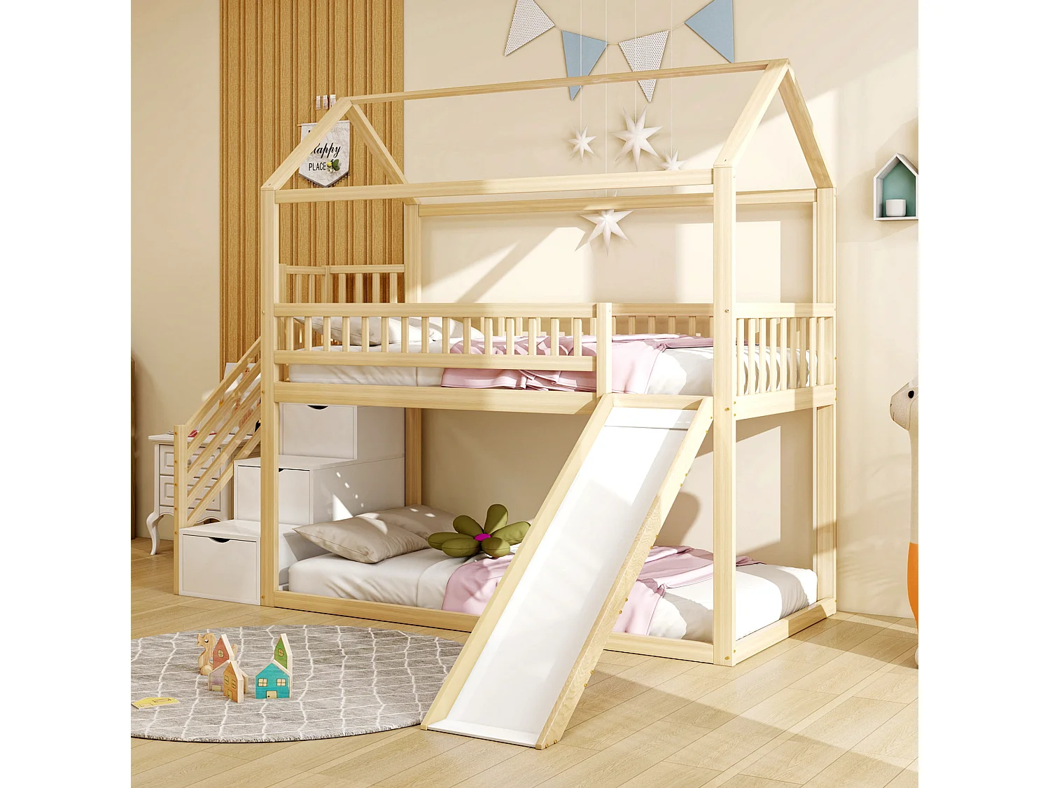 Lit superposé enfant 90x200 cm couleur bois, avec toboggan, échelle de rangement et sommier inclus